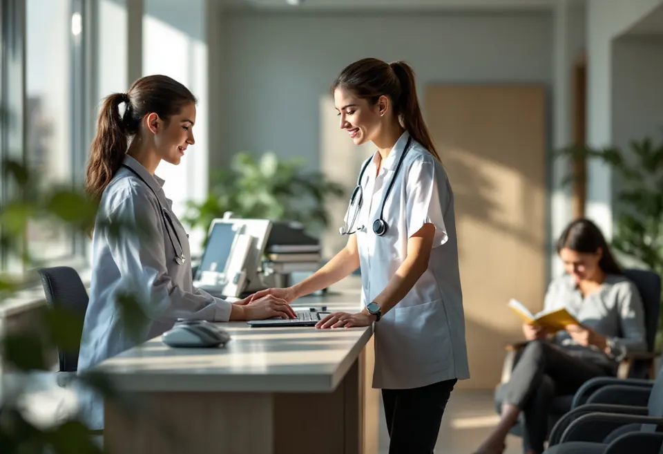 A clinic front desk with the receptionist stepping away and the phone lighting up