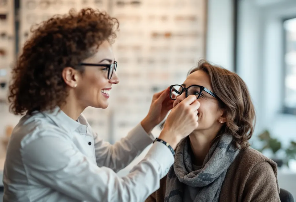 An optometrist helping a patient try on new glasses