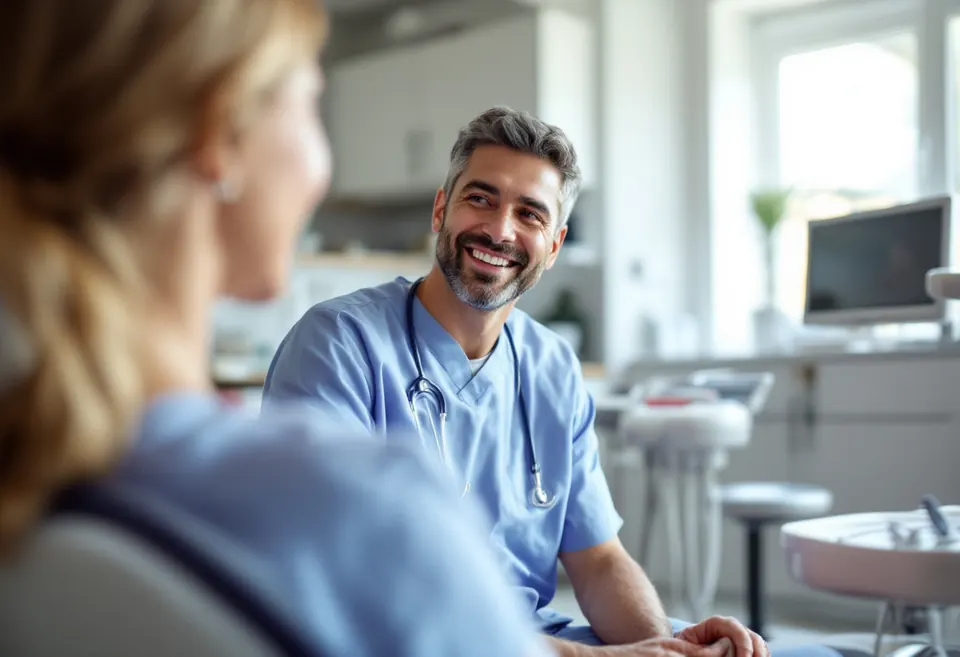 A dentist talking with a smiling patient before a check-up