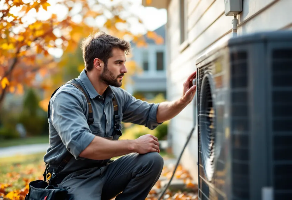 An HVAC technician servicing a heat pump beside a house