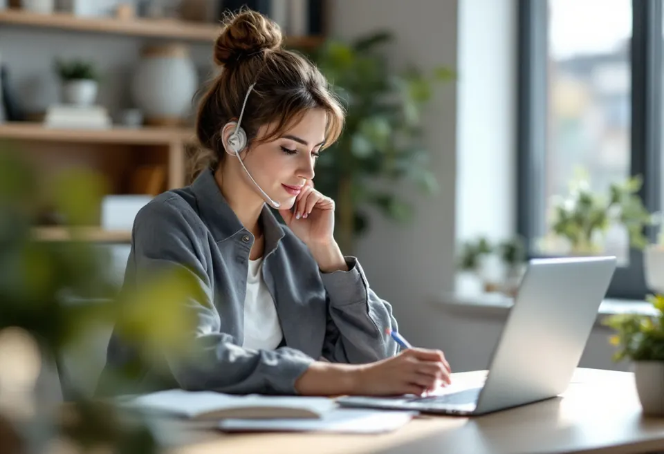 A legal assistant taking notes on a call at a law office desk