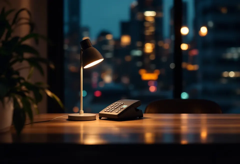 A law firm reception in the evening, the desk phone lit up after hours