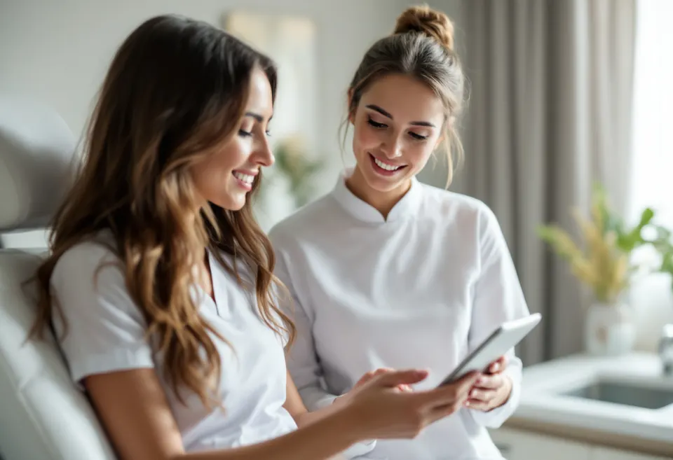 An aesthetic nurse and a client looking at a tablet together