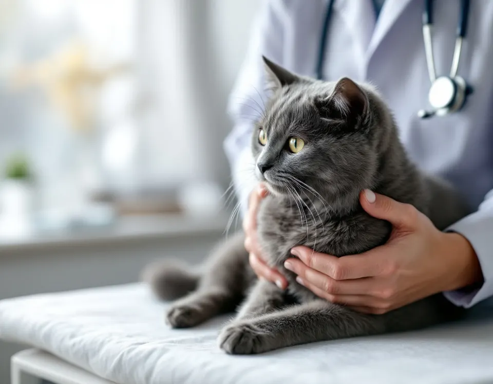 A veterinarian examining a calm grey cat