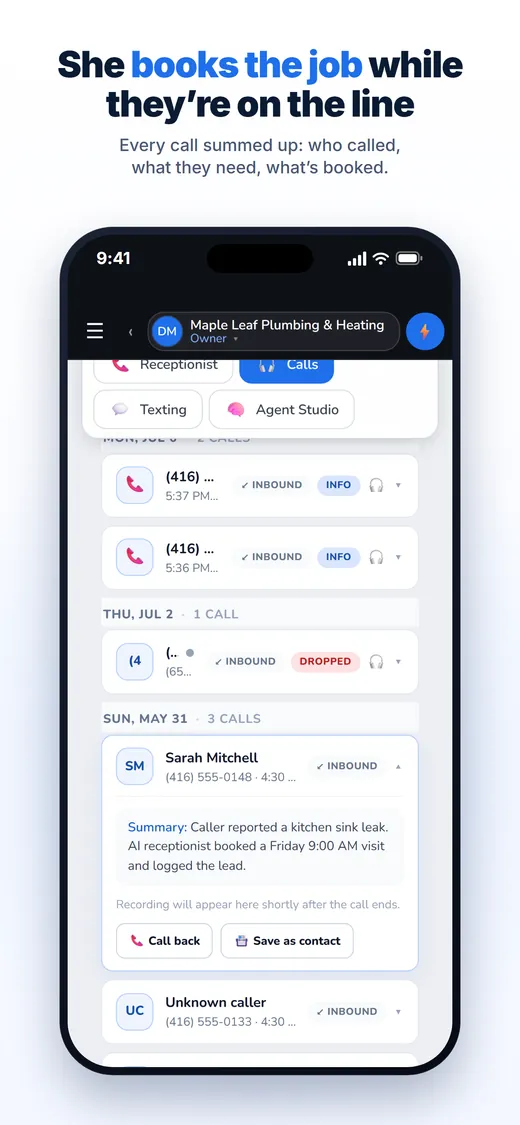 The iPhone app on the Calls tab: a call summed up — who called, what they needed and what was booked