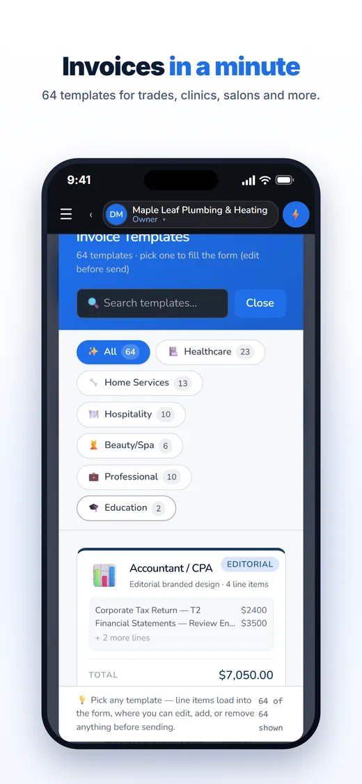 The iPhone app choosing an invoice template, with a filled-in invoice below it