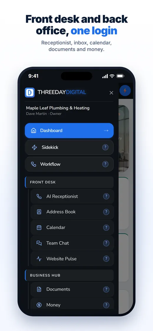 The iPhone app with its menu open: Dashboard, Sidekick and Workflow, then the Front Desk and Business Hub pages
