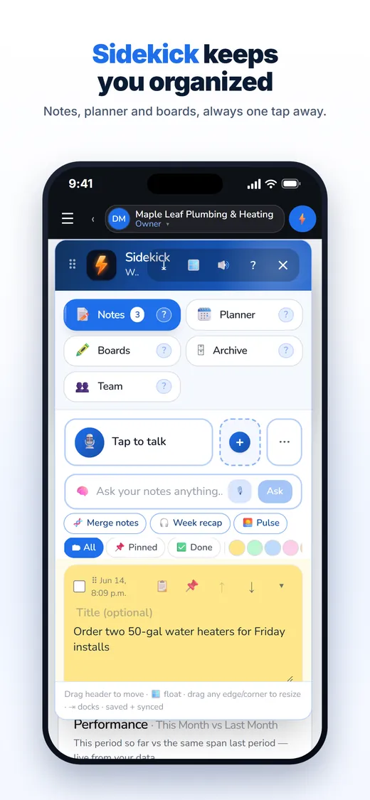 The iPhone app with the Sidekick notepad open over the dashboard