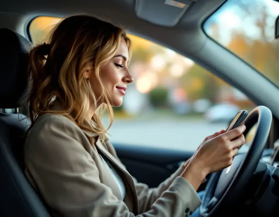 An agent in her parked car checking her phone between showings