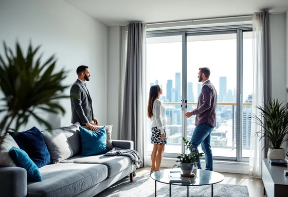 An agent showing a bright condo to two clients