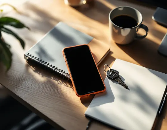 A phone lighting up on a tidy desk beside keys and a coffee