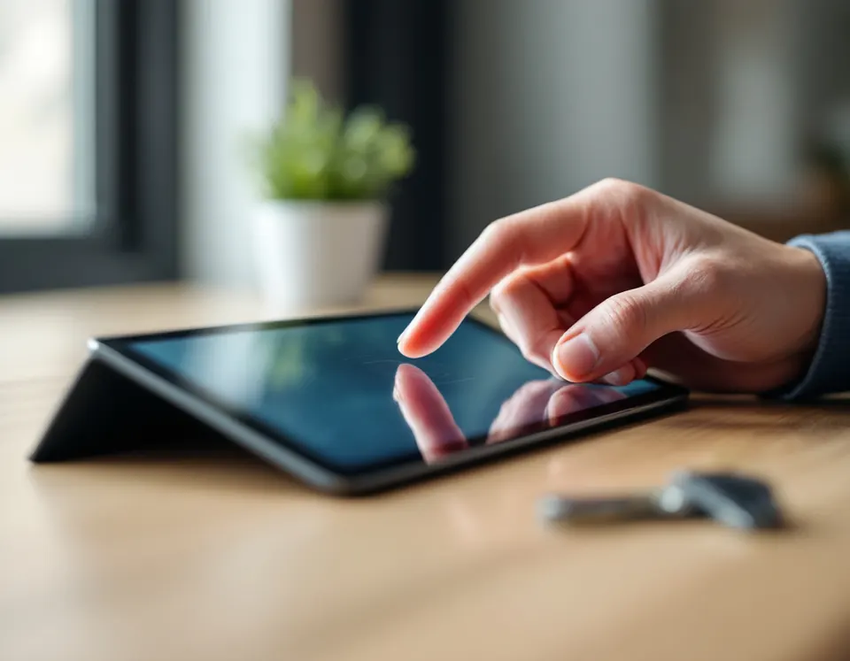 A hand signing on a tablet beside a set of house keys