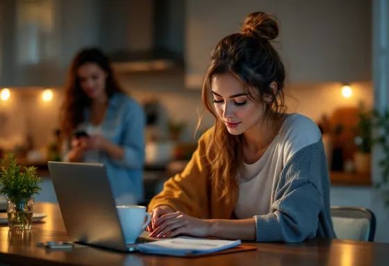 An agent at her kitchen table in the evening, family in the background