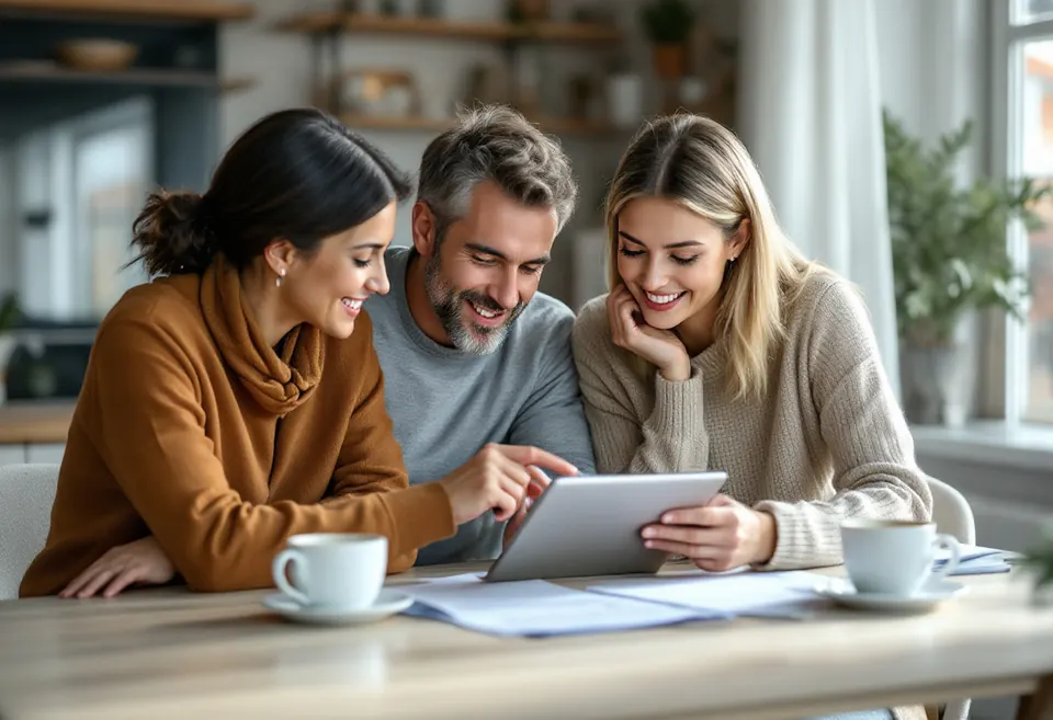 A couple and their agent reviewing documents on a tablet