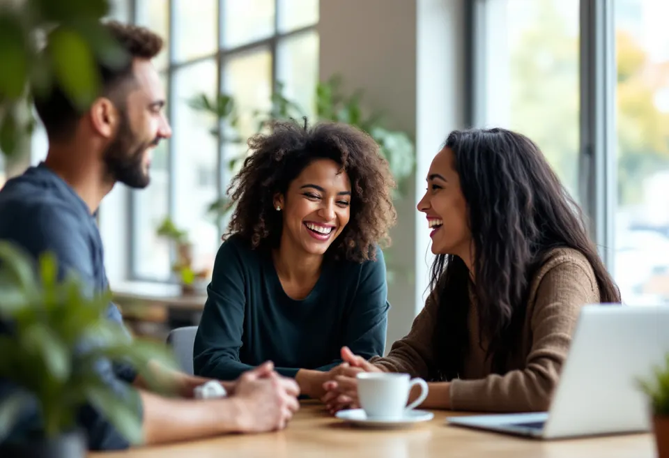 Three agents laughing together at a brokerage office table