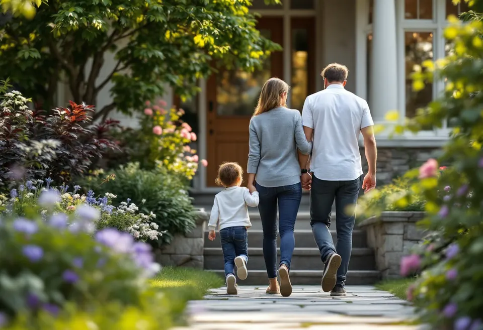 A family walking up the path to a front door for a showing